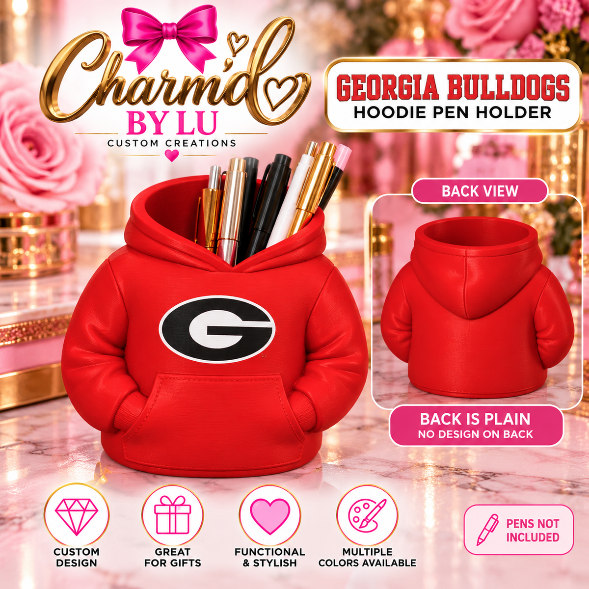 Red Georgia Bulldogs hoodie pen holder with G emblem front and plain red back; pens not included