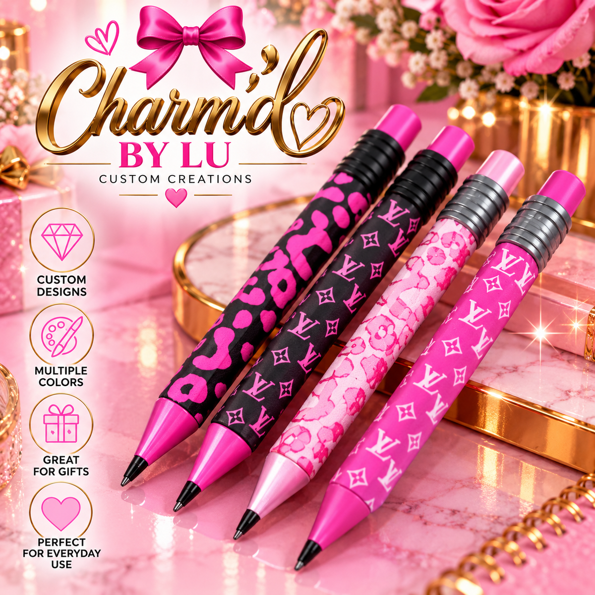 Four pink patterned pens on Charm’d by Lu branded background