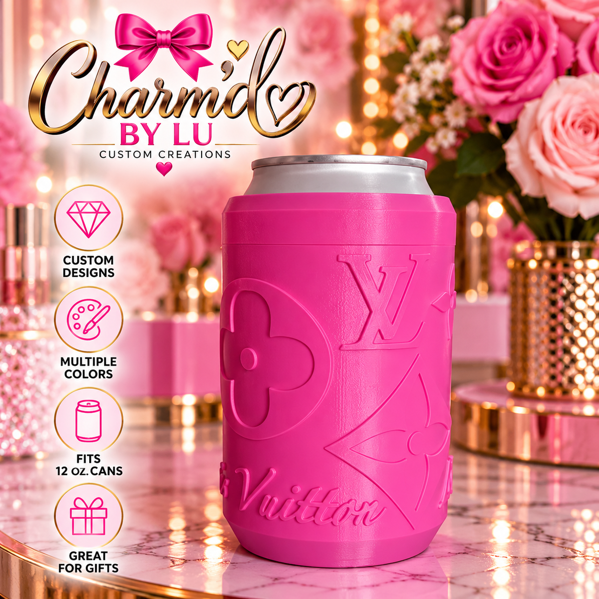 Pink embossed monogram-style 12 oz. can koozie with Charm’d by Lu branded background