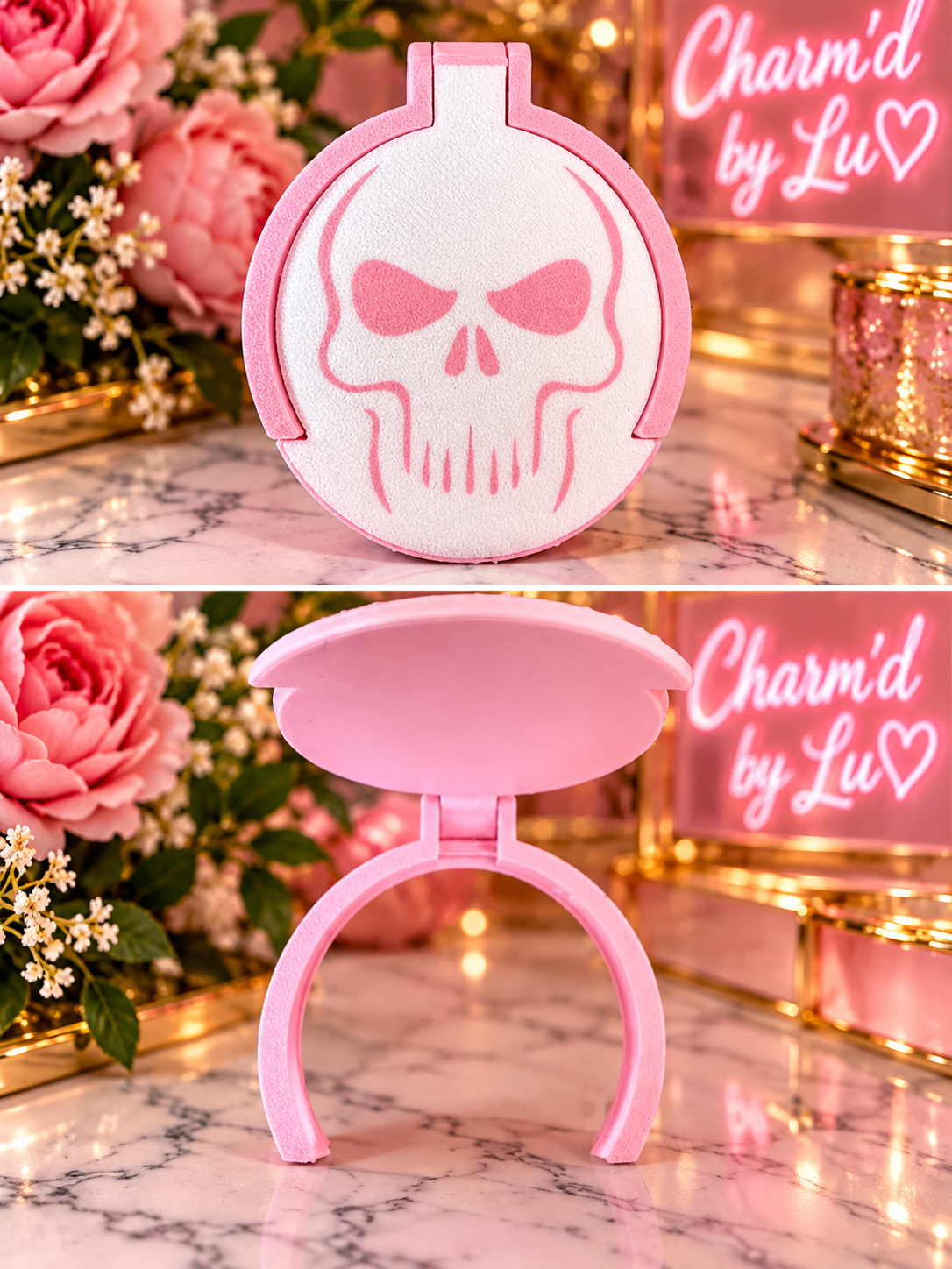 Pink and white skull hinged accessory shown closed and open