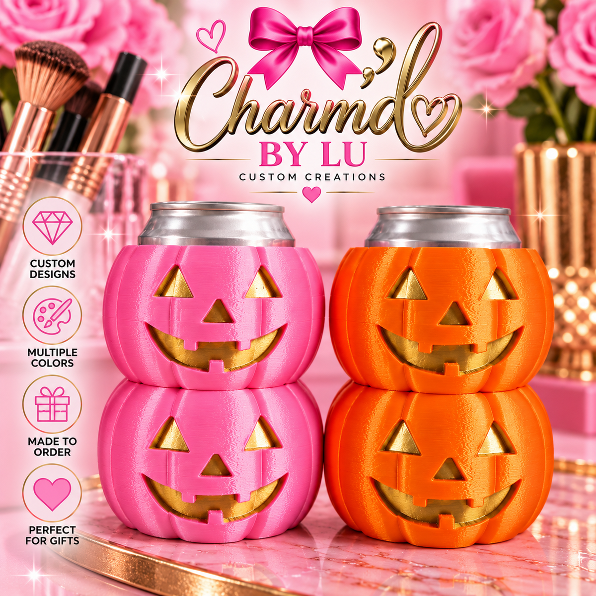 Pink and orange pumpkin jack-o-lantern can koozies with gold details