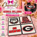 Four square Bulldogs coasters and black holder with Charm’d by Lu branded pink and gold backdrop