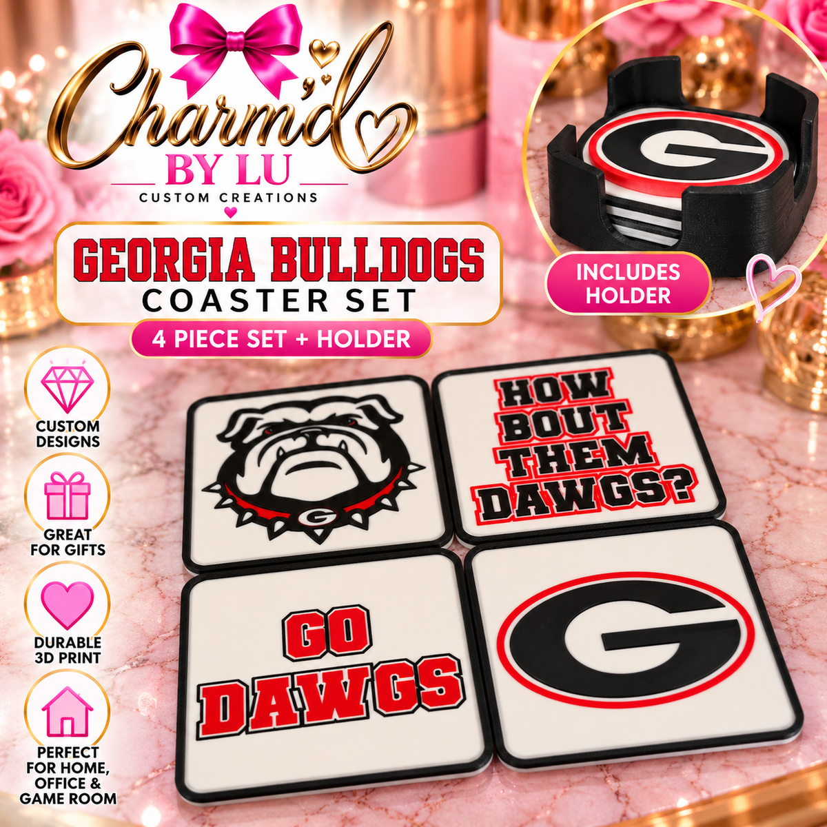 Four square Bulldogs coasters and black holder with Charm’d by Lu branded pink and gold backdrop